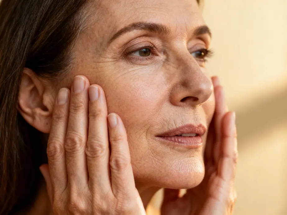 Portrait éclatant d'une femme touchant sa peau, illustration du collagène pour la peau et les articulations