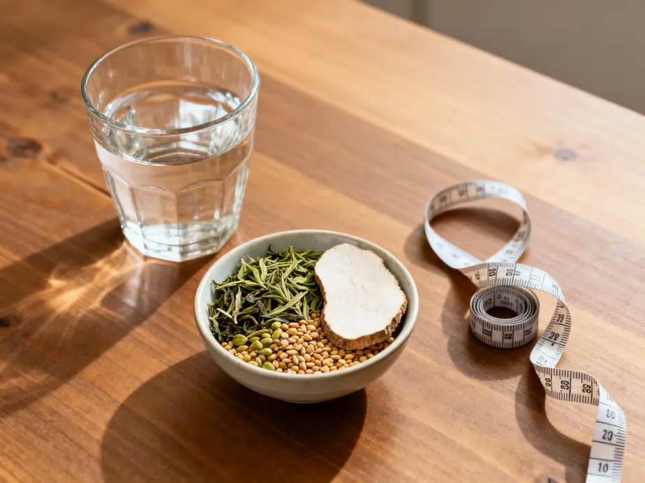 bowl with herbs and measuring tape on wooden table symbolizing supplements and weight management