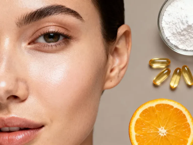 Vue détaillée d'une peau saine avec ingrédients naturels symboliques pour compléments pour la peau