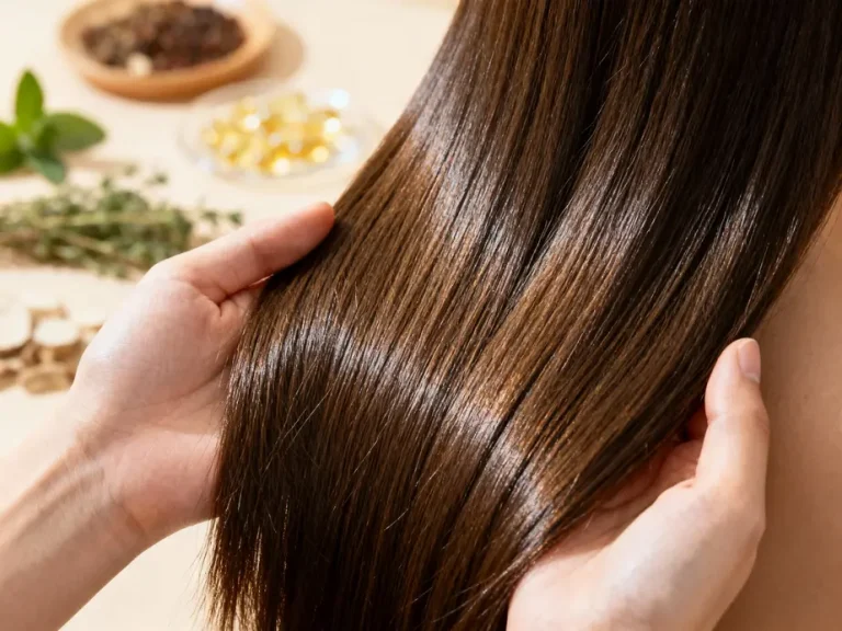 Femme aux cheveux brillants tenant sa mèche, symbolisant les compléments pour la pousse des cheveux