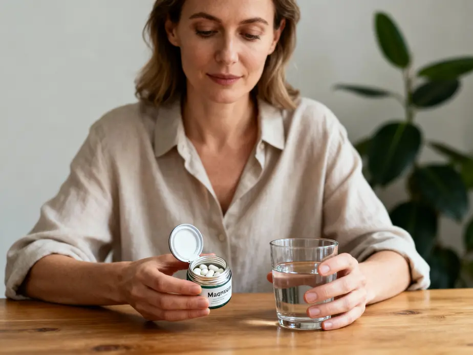 femme tenant des capsules de magnésium femme près d'un verre d'eau, supplémentation et bien-être