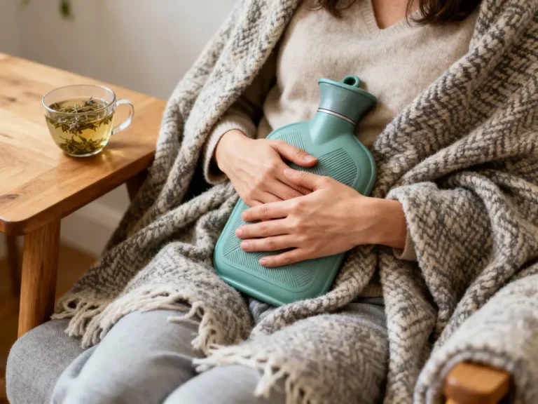 Femme appliquant une bouillotte sur le bas-ventre pour soulager les règles douloureuses, ambiance apaisante