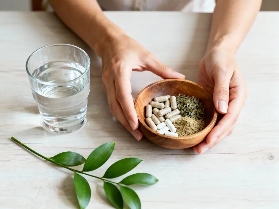 petite coupe de compléments naturels pour la beauté posée sur une table en bois, accompagnée d'une branche verte et d'un verre d'eau