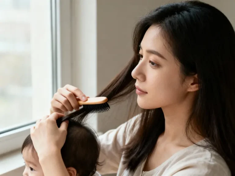 Mère jeune peignant doucement ses cheveux après l'accouchement, lumière naturelle
