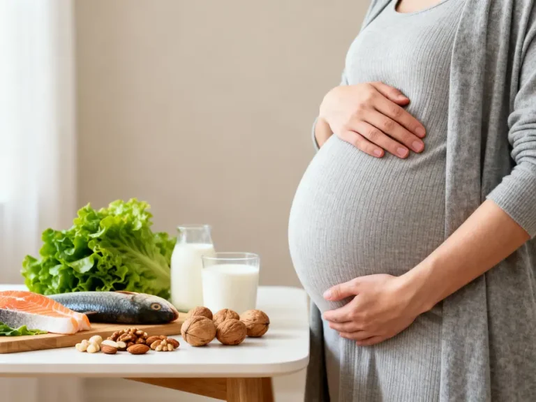 Femme enceinte et aliments riches en nutriments essentiels pour la grossesse (légumes, poisson, produits laitiers, noix)