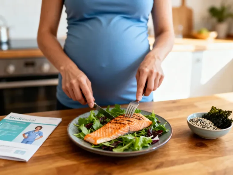 Femme enceinte préparant un repas riche en oméga 3 saumon graines algues oméga 3 grossesse