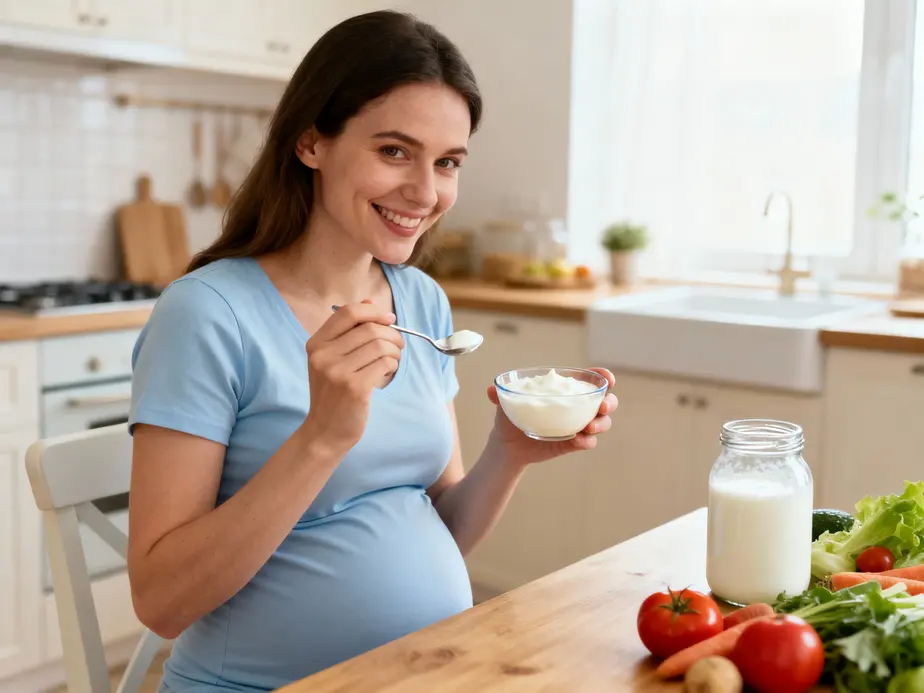Femme enceinte souriante avec yaourt et kéfir sur une table, aliments fermentés et ambiance douce
