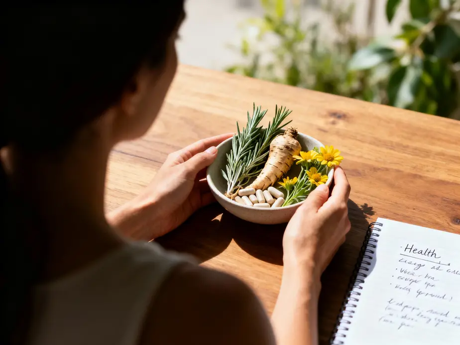 Femme et compléments naturels pour l'équilibre hormonal : plantes et vitamines posées sur une table
