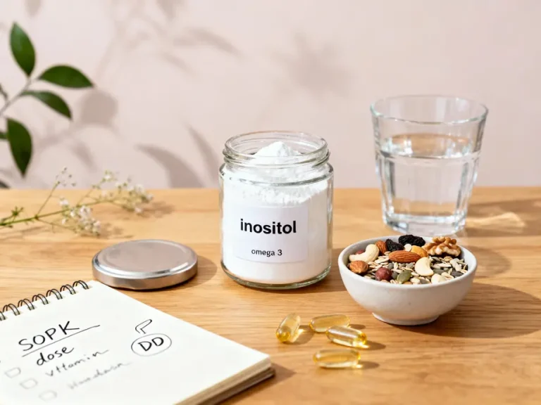 Composition de compléments naturels pour le SOPK : poudre d'inositol, capsules d'oméga‑3, vitamine D et graines sur une table