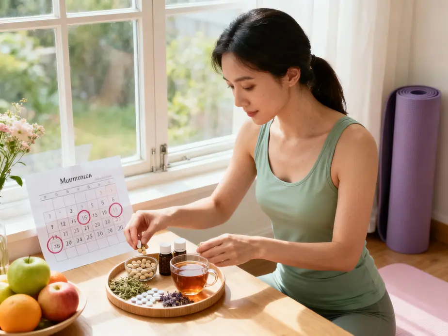 Femme préparant des compléments naturels et une infusion, calendrier du cycle visible, image liée au syndrome prémenstruel