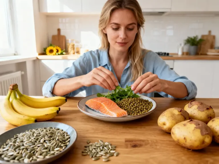 Femme préparant un repas riche en vitamine b6 femme avec saumon, lentilles, banane et pommes de terre