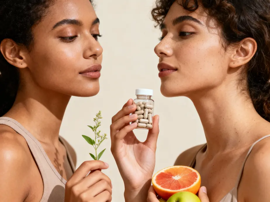 Femmes tenant des compléments naturels et fruits symbolisant les compléments alimentaires beauté pour femme