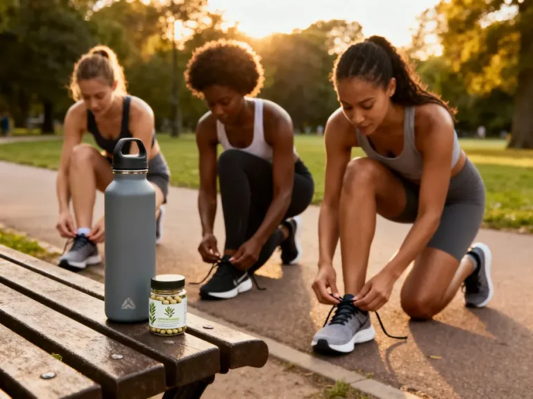 Femmes actives préparant une séance de sport avec bouteille d'eau et compléments naturels sur un banc