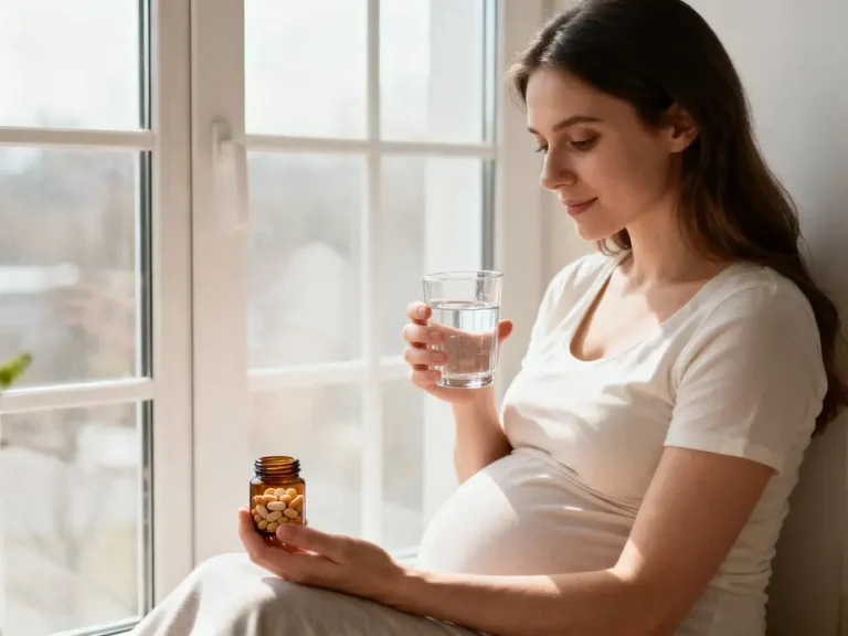Jeune mère assise près d'une fenêtre avec un verre d'eau et des compléments alimentaires post partum