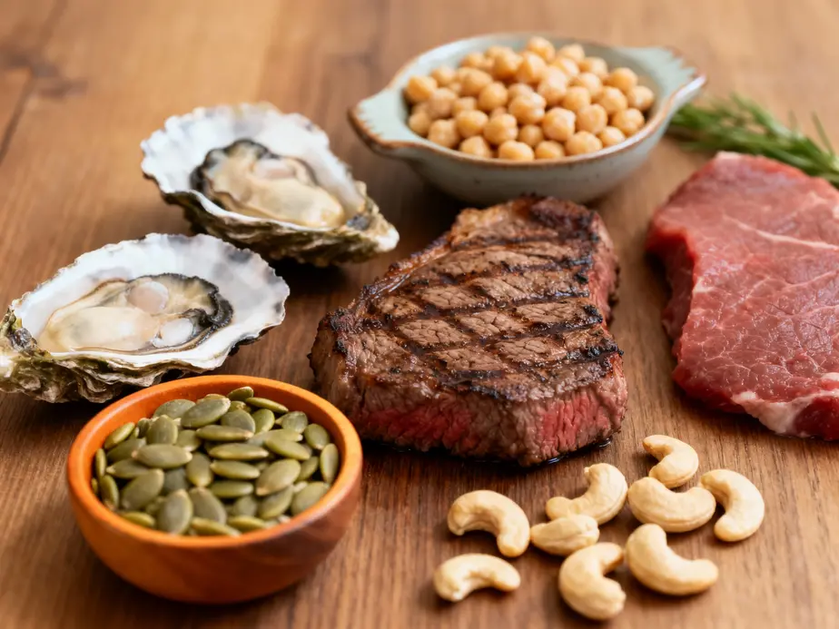 Aliments riches en zinc : huîtres, bœuf, graines de courge, pois chiches et noix