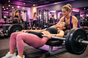 Femme en séance de prise de masse travaillant les fessiers avec hip thrust chez 8SHEMOOV